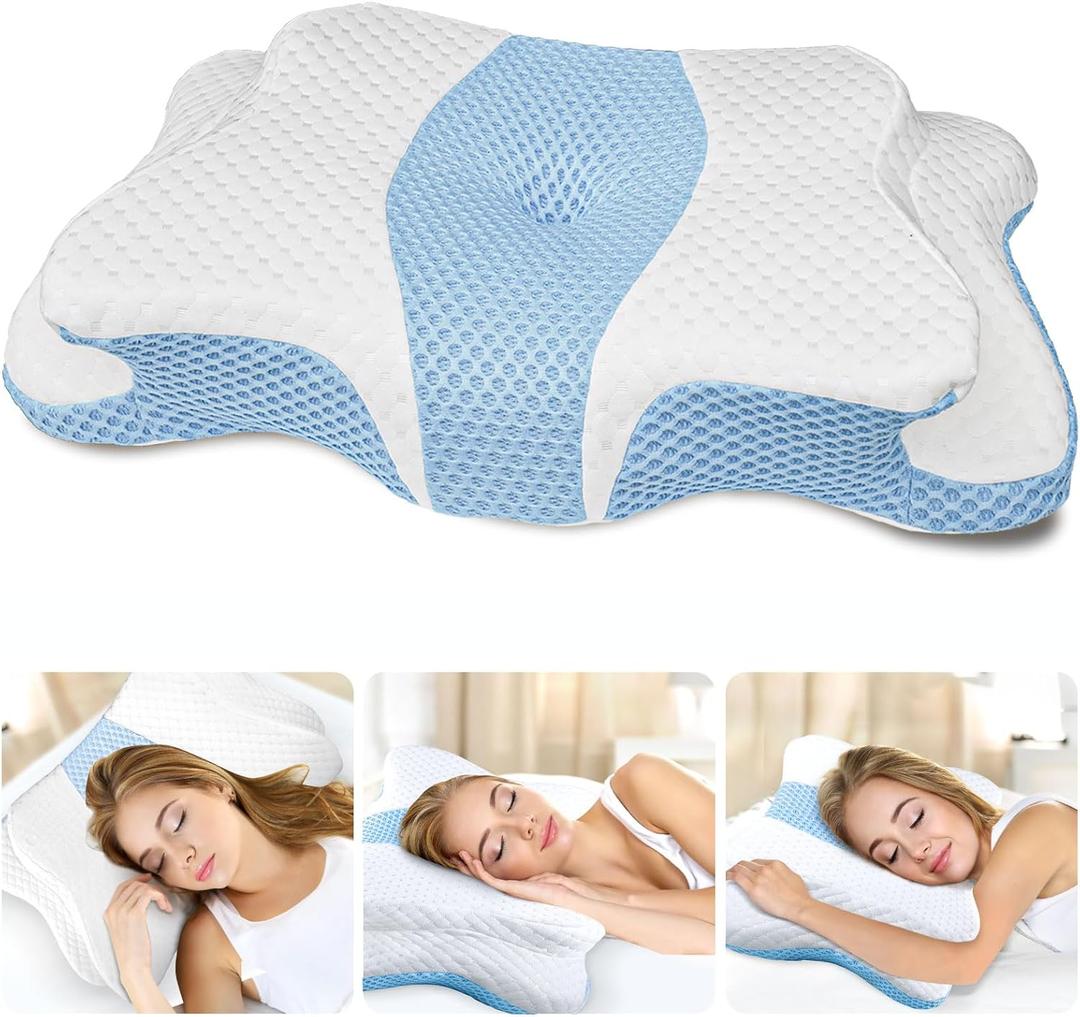 Memory Foam Pillows, Cervical Pillow for Neck and Shoulder Pain Relief, Ergonomic Contour Bed Pillow, Soft for Side Sleep Stomach Sleeping and Back Sleeper (Queen Size-24.8''Lx14.96''Wx5.78''H, Light Blue)