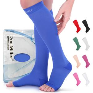 Doc Miller Open Toe Compression Socks for Women & Men 1520 mmHg, Knee High Calf Support Sleeves, Graduated Stockings for Swelling Recovery, Circulation, 1 Pair (XX-Large Tall, Blue)