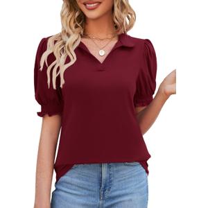 Micoson Womens Short Sleeve Polo T Shirts V Neck Casual Collared Tops Puff Sleeve Work Tunic Blouses (Medium, Burgundy)