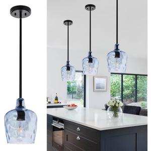 VINLUZ 3 Pack Industrial Metal Pendant Lighting, Black Finish Hanging Ceiling Kitchen Island Light Fixture with Blue Clear Glass for Dining Room Cafe Bar