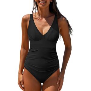 popvil One Piece Swimsuit Women 2025 Tummy Control Neon Color Block Bathing Suit Deep Vneck Tie Back Swim Suits Beach (Large, Solid Black)