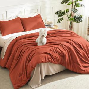 Litanika Boho Comforter Full Size Set Burnt Orange, 3 Pieces Fall Solid Terracotta Lightweight Bedding Comforter Set, Rust Fluffy Winter Quilted Blanket Set (79x90In Comforter & 2 Pillowcases)