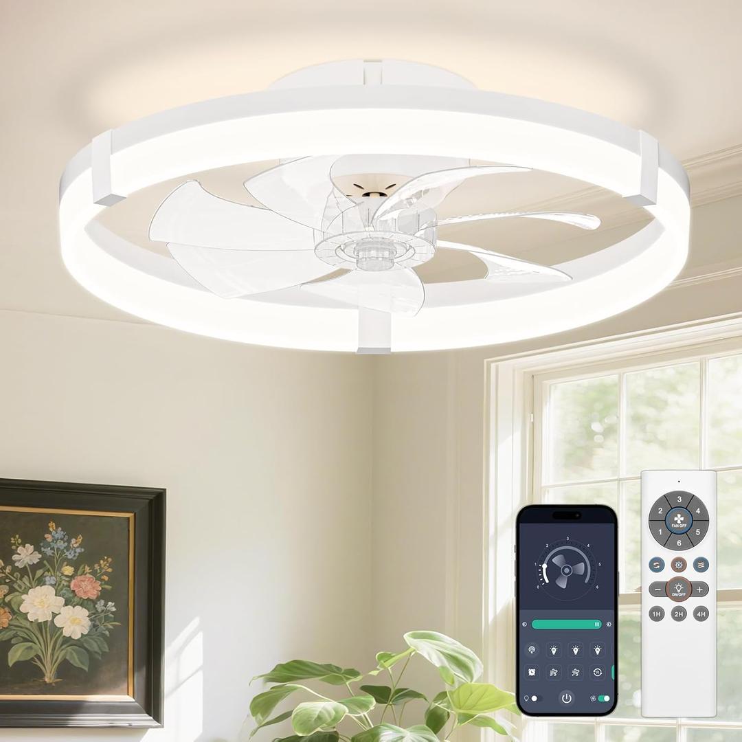 VOLISUN Low Profile Ceiling Fans with Lights and Remote, 19.7in Flush Mount Ceiling Fans with Light, 3000K-6500K Dimmable Fandelier Ceiling Fan, Bladeless Ceiling Fan for Bedroom(White)