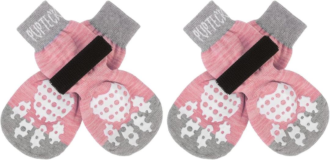 PUPTECK Anti-Slip Dog Socks with Double Sides Grips for Small Medium Large Dogs Hardwood Floors Prevents Licking, Dog Shoes for Hot Pavement Traction Control Paw Protector for Senior Dogs, Pink XS