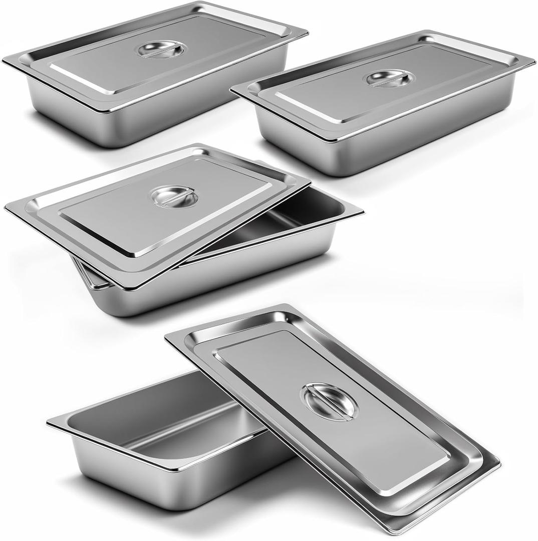 4 Pack Stainless Steel Hotel Pan 1/1 Full Size x 4" Deep Steam Table PAN 0.8 mm Thick with Lid Anti Jam PAN Stainless Steel Steamer 20.8 x 12.8 x 4 inch for Hotel Restaurant Buffet