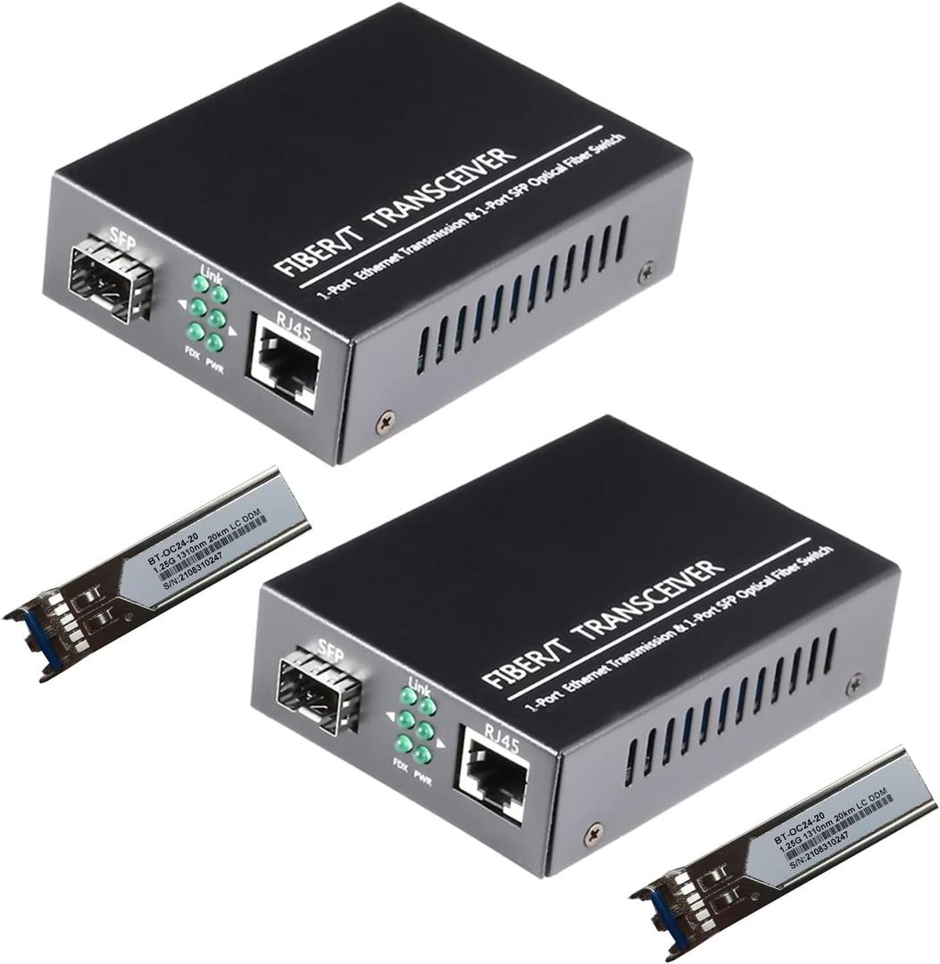A Pair Gigabit Ethernet SFP Fiber Media Converters with Dual Core LC Transceiver Module, Single-Mode LC, SMF RJ45 to SFP Slot up to 20KM, 10/100/1000Base-Tx to 1000Base-SX (2 Pack) A Pair Gigabit Ethernet SFP Fiber Media Converters with Dual Core LC Transceiver Module, Single-Mode LC, SMF RJ45 to SFP Slot up to 20KM, 10/100/1000Base-Tx to 1000Base-SX (2 Pack)
