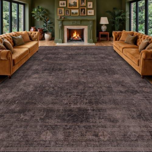 Farmhouse 9x12 Dark Taupe Brown Large Area Rugs for Living Room, Vintage Unique Washable Dark Brown Rug for Bedroom Under Bed with Distressed Geometric Design, Soft Stain Resistant Low Pile Non-Slip
