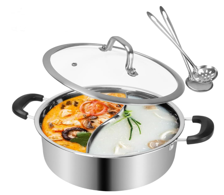 Shabu Hot Pot Stainless Steel,Chinese Induction Shabu Pot with Divider for Kitchen Cooker, Gas Stove