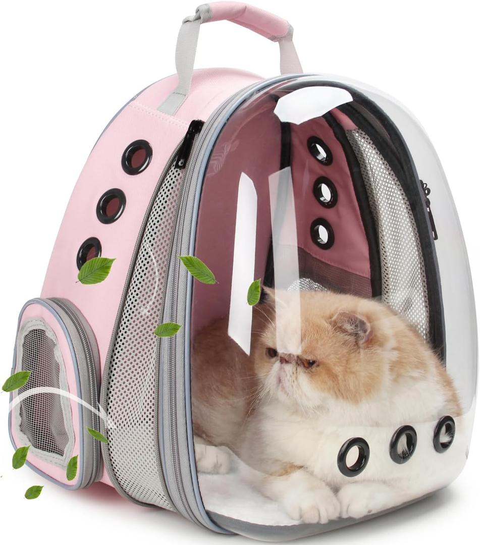 Lollimeow Cat Carrier Backpack, Expandable Bubble Pet Carrier for Cats and Small Dogs, Airline Approved Travel Backpack for Hiking, Walking & Outdoor Adventures - Supports up to 16 lbs (Front Expandable-Pink)