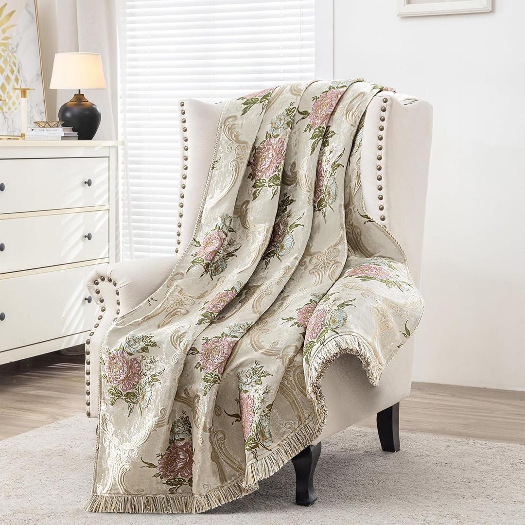 Loom and Mill Jacquard Floral Throw Blankets for Bed, French-Style Damask Throws with Fringes Trim, Soft Lightweight Velvet Lined Throw Blanket for Sofa Couch Chair All Seasons(Pearly Beige,52x72)