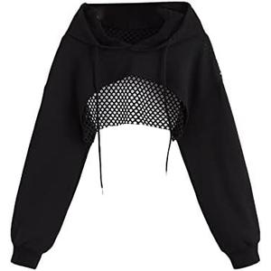 SHENHE Women's Fishnet Long Sleeve Drawstring High Low Workout Hoodie Crop Tops M  Black