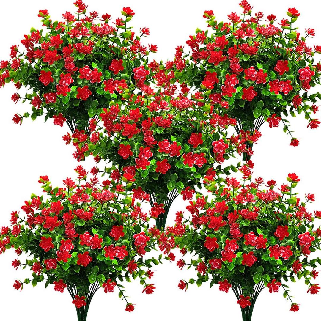 Grunyia 10 Bundles Artificial Fake Flowers, Faux Outdoor Plastic Plants UV Resistant Shrubs Outside Indoor Decorations (Red Eucalyptus)