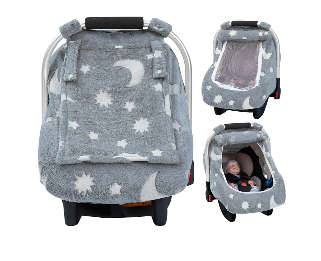 Baby Car Seat Cover, Car Seat Covers Baby Glow in The Dark, Fleece Plush Infant Car Seat Cover for Girls Boys, Car Seat Canopy with Peep Mesh Windows, Universal Carrier Cover for All Seasons