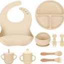 Silicone Baby Feeding Set 9 Pcs, Spill-Proof Suction Plate, Bowl, Bib, Silicone spoon & forks, Wooden Spoons & forks, Training cup with straw and Sippy Cup, Baby Eating Utensils (Beige)