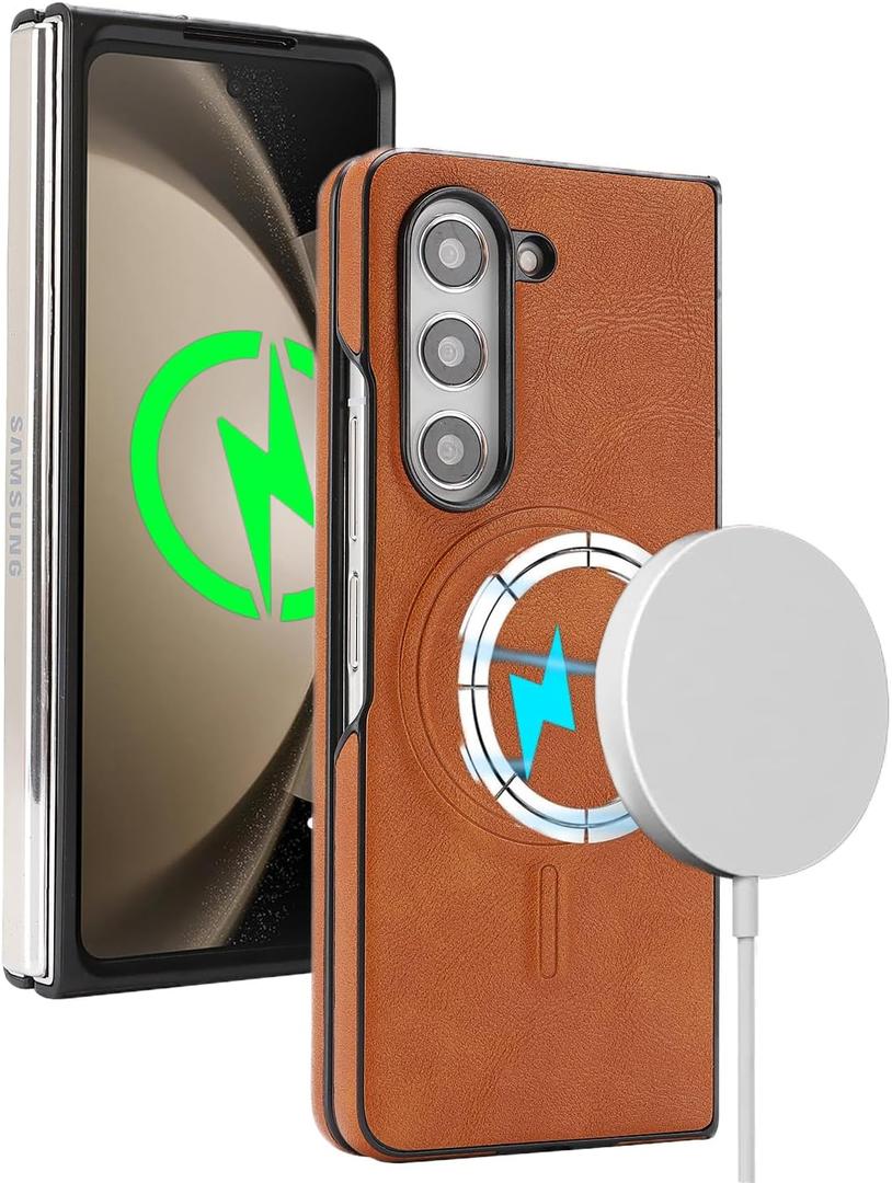 Magnetic for Samsung Galaxy Z Fold 6 case,Support Wireless Charging, Premium PU Leather & Shockproof, Protective Cover for Galaxy Z Fold6 (Brown)