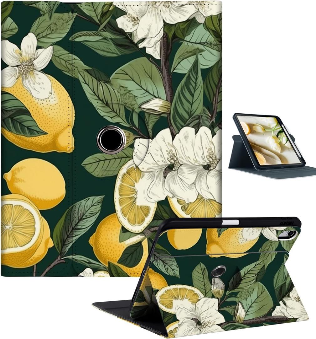 360 Rotating Case for iPad Air 11-inch M2/Air 5th/4th Generation with Pencil Holder, Apple Air M2 11" 2024/Air 10.9", Protective Cover for iPad Air 5/4/6th Gen, Lemon Flowers