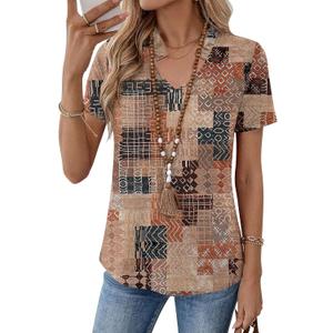 Kistore Womens Summer Tops Short Sleeve V Neck Casual Shirts Beach Vacation Dressy Work Blouses (Brown, S)