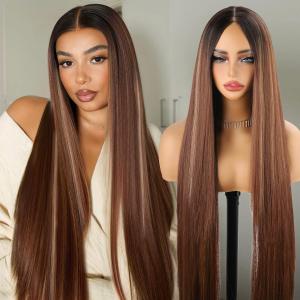 Highlight Ombre 40 Inch Straight Hair Synthetic Wig13×5×1 Pre-Plucked Long Straight Lace Front Wigs Synthetic Hair, Heat-Resistant HD Glueless Wigs 100 cm with 180% Density For Woman (Highlight Ombre)