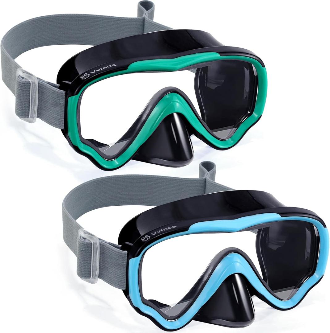 Vvinca Swim-Goggles with Nose Cover, 2 Packs Elastic Fabric Strap Snorkel Swim Mask Anti Fog UV No Pull Hair for Kids 3-14 (04-black Green & Black Blue)