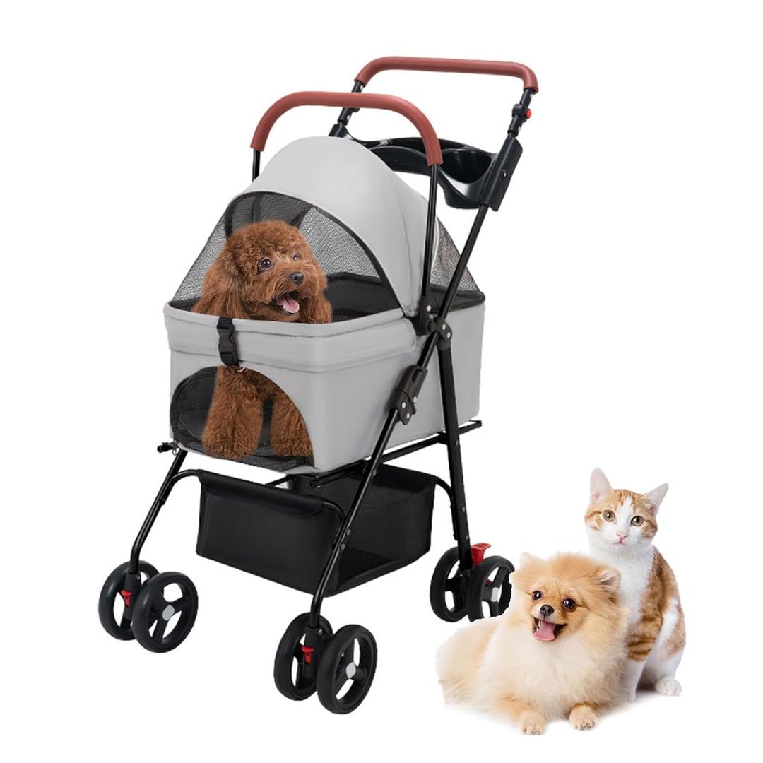 Pet Stroller for Medium Small Dogs/Cats - 4 Wheels Foldable Dog Stroller with Storage Basket,Dog/Cat Carrier,Adjustable Handle,Folding Puppy Carrier Suitable for Traveling with Cats and Dogs (Grey)