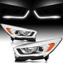 Headlights Assembly compatible with 2017 2018 2019 Ford Escape Halogen Projector Headlamp w/LED DRL Driver+Passenger,Chrome Housing