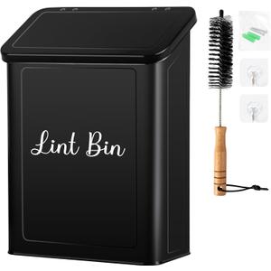 Metal Magnetic Lint Bin for Laundry Room, Wall Mounted Laundry Lint Bin with Lid & Lint Brush, Modern Farmhouse Laundry Room Decor (Pattern 1, Black)