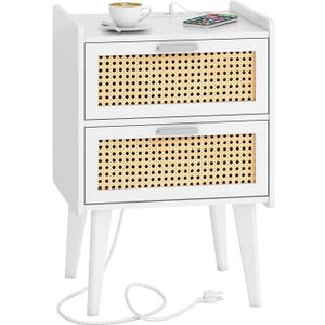 HHETOGOL Small White Rattan Nightstand with Charging Station & 2 Rattan-Like Decor Drawers,Small End Table with Solid Wood Feet Bedside Table Small Bedroom, Living Room, White,TTBZ02WE