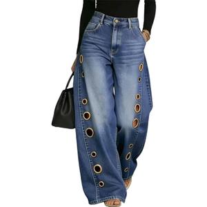 Kwunbwa Women's Metal Circle Cut Out Jeans Baggy Wide Leg Denim Pants (Blue, S)