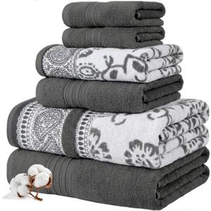Modern Threads Floral Trail 6-Piece 100% Cotton Towel Set  Reversible Yarn Dyed Jacquard  Includes 2 Bath Towels, 2 Hand Towels, 2 Washcloths  Absorbent, Quick Dry, Soft & Durable  Gray