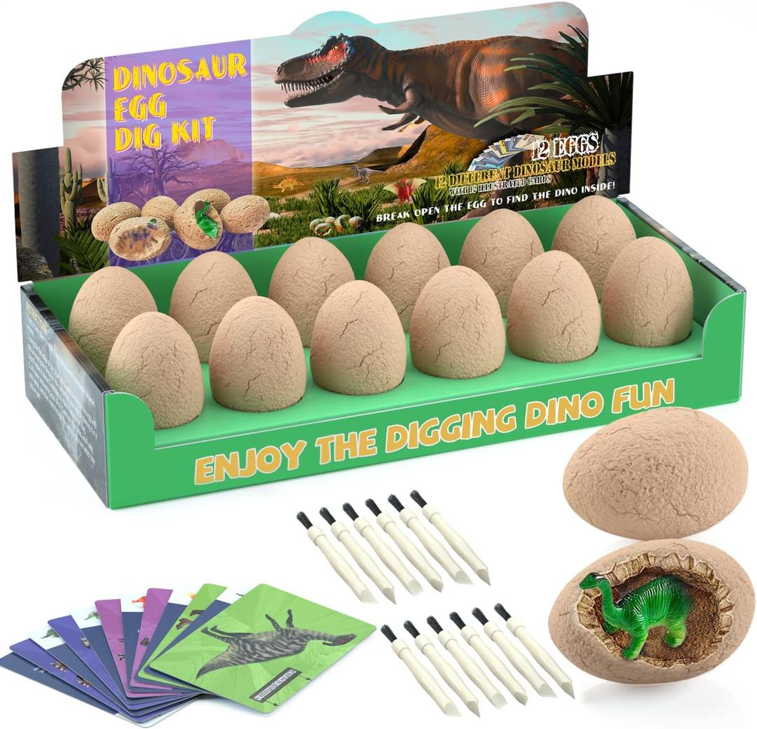BIGEAR Easter Dinosaur Eggs Excavation Dig Kit - Dinosaur Toys for Kids - Break Open 12 Dinosaur Eggs and Discover 12 Cute Dinosaurs - Archaeology Preschool Science STEM Crafts Birthday Gifts for Boys (Classic Primary Color)