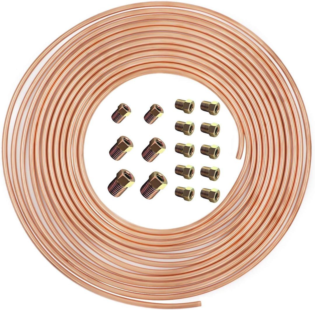 25 ft 3/16 Copper Coated Brake Line Kit Complete Replacement Brake or Fuel Tubing (Includes 16 Fittings), Easy to hand bend (.028) Wall Thickness, SAE Thread, Rust Proof