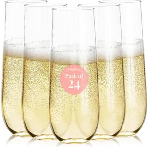 Prestee 24-Pack Stemless Plastic Champagne Flutes - 9 oz Clear Disposable Glasses for Wine, Cocktails, Mimosas - Champagne Flutes Plastic for Parties and Celebrations
