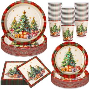 Domensi 200 Pcs Vintage Christmas Party Supplies Tableware Set for 50 Guests, 7 & 9 Inch Xmas Paper Plates and Napkins 9 oz Disposable Cups for Holiday Party Decoration(Christmas Tree)