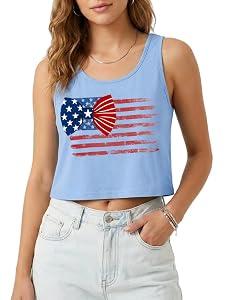Women's American Flag Crop Tank 4th of July Patriotic Stars Stripes Graphic Tshirt Sexy Sleeveless Tee Tops, 