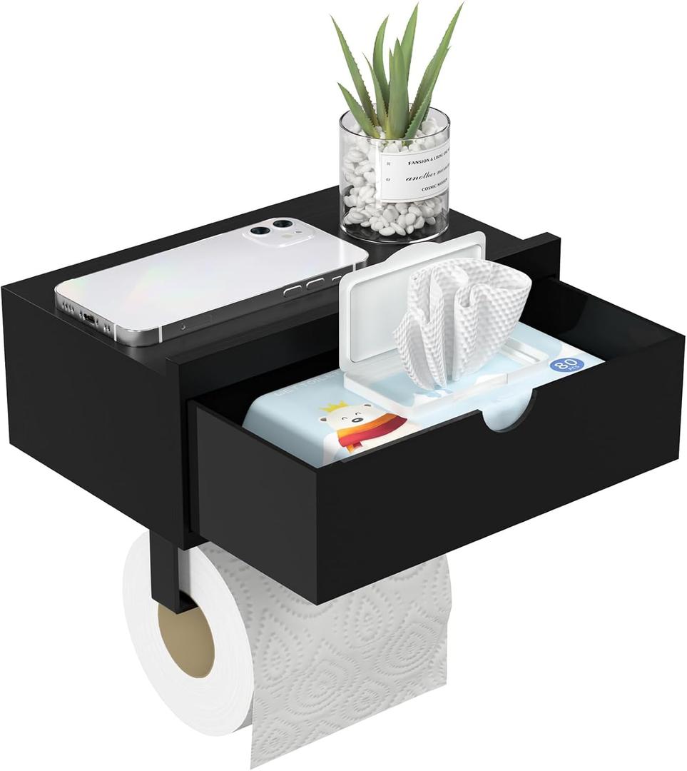 Domax Black Toilet Paper Holder with Shelf,Wall Mount/Adhesive Bathroom Toilet Paper Holder,Bamboo Wood Tissue Toilet Roll Holder with Storage Drawer for Organizer Wipes,Fits Any Room, Large