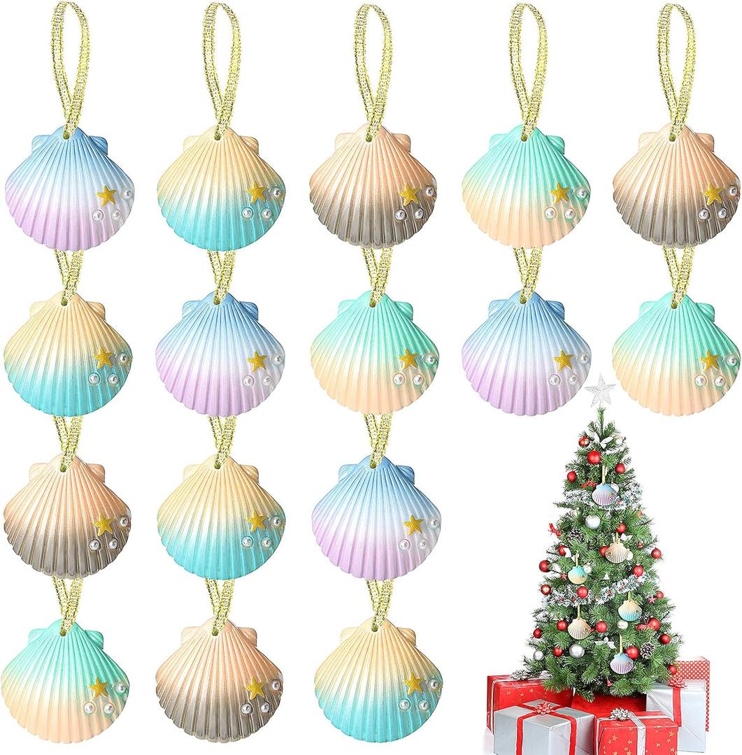 16 Pieces Seashell Beach Christmas Ornaments Resin Seashells with Golden Ribbon Shell Christmas Ornaments for Christmas Tree Hanging Ornaments Beach Theme Wedding Home Decor, DIY Craft Project