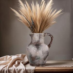 Rustic Ceramic Farmhouse Vase Home Decor with Handle, Vintage Pottery Terracotta Pampas Grass Vases for Dinning Table Centerpieces Kitchen Living Room Mantel Barn Entryway- 8 Inch