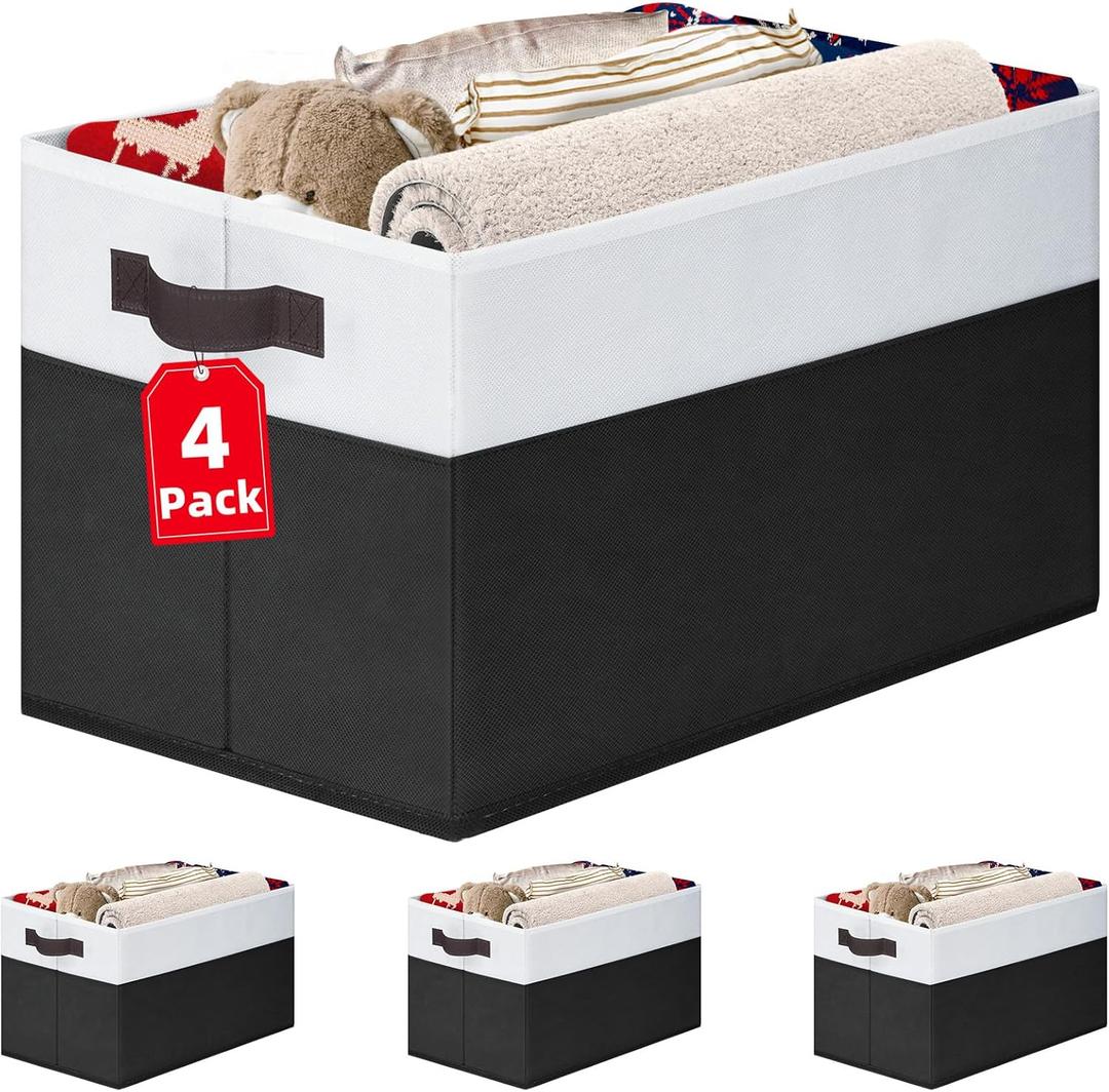 Criusia Large Storage Bins for Shelves 4 Pack, Closet Storage Baskets for Clothes Blanket Beddings Towels, Collapsible Fabric Closet Organizer Bins with Handles/ Laundry Room Organization (White with Black)