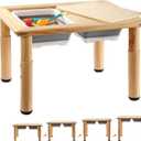 FUNLIO Wooden Sensory Table with 2 Bins for Toddlers 1-5, 4-Level Height Adjustable Kids Activity Table with Anti-Warping Plywood Lid, Indoor/Outdoor Play Sand and Water Table, CPC Certified (-Plasticleg)