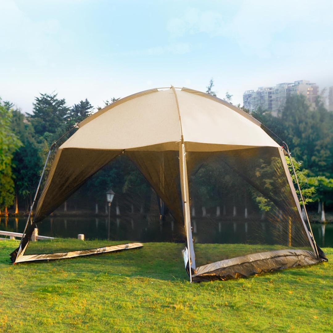 GVDV Screen House Tent 11x11 Ft Mesh Net, Outdoor Camping Screen Room Sun Shade Gazebo Shelter Included Carry Bag, Easy Setup & Waterproof, Perfect for Family Picnic, Backyards, BBQ and Party (Khaki)