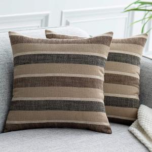 2 Pieces Decorative Classic Retro Stripe Throw Pillow Cover Wite Hidden Zipper Soft Linen Modern Farmhouse Cushion Case for Sofa Bedroom Car 16 x 16 Inch Black Brown Mixed