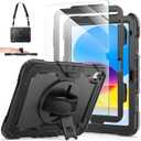 Ambison Case for iPad (A16) 11th/10th Generation 11"/10.9'' 2025/2022,Heavy Duty Shockproof Case with Tempered Glass Screen Protector, 360 Rotating Handle Strap&Stand,Shoulder Strap-Black