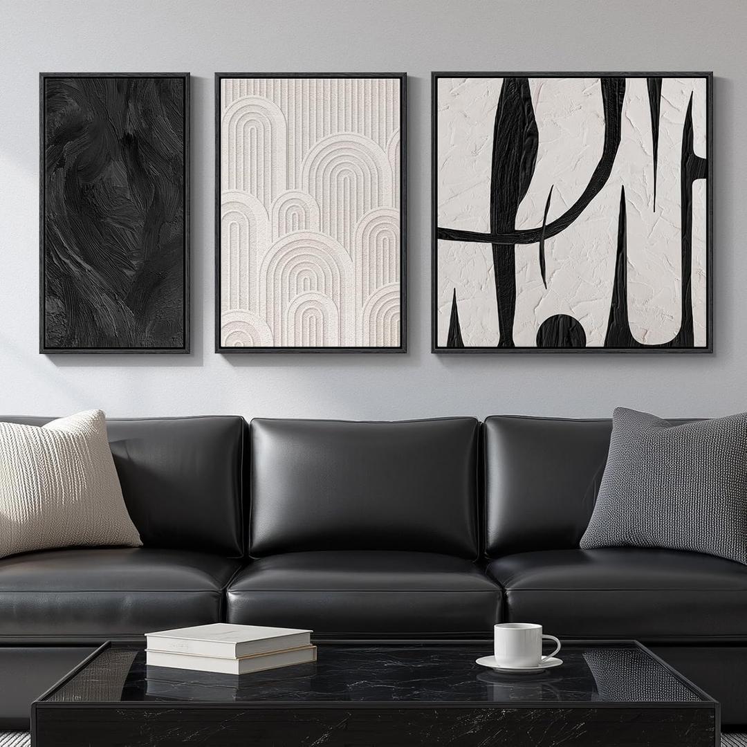 Framed Black and White Abstract Wall Art Set, 3 Piece Canvas Prints Paintings Artwork for Walls, Modern Minimalist Abstract Geometric Pictures for Living Room, Bedroom, Dining Room, Office Wall Decor (12x24", 16x24", 24x24", Geometry)