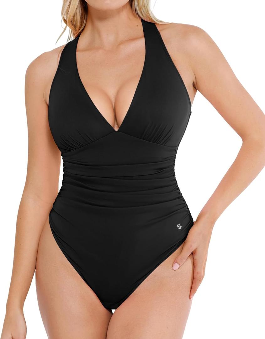 Popilush Bodysuits for Women Tummy Control Halter Tops V Neck Ruched Thong Shapewear Body Suits (Small, Black)