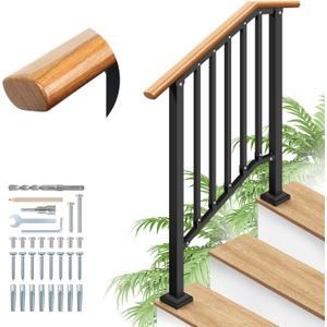 Hand Rails for Outdoor Steps 3-Step Railing Metal Wood-Grain | Outdoor Safety Balusters fully welded ends for Seniors & Kids, Stable Anti-Wobble Silent Rustproof, for porch and deck