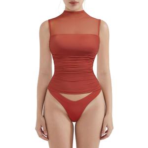 SUUKSESS Women Sexy Mesh Sheer Sleeveless Crop Tank Tops Double Lined Fitted Mock Turtle Neck Ruched Going Out Tops(Orange Red,XS)