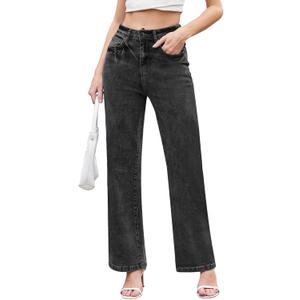 Dimur Jeans for Women Trendy High Waisted Straight Jeans Loose Wide Leg Stretchy Denim Pants with Pockets 2025 Fashion (Small, Black)