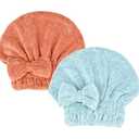 Microfiber Hair Drying Towels Head wrap with Bow-Knot Shower Cap Hair Turban hairWrap Bath Cap for Curly Long & Wet Hair Gift for Women (1salmonred+1seagreen)