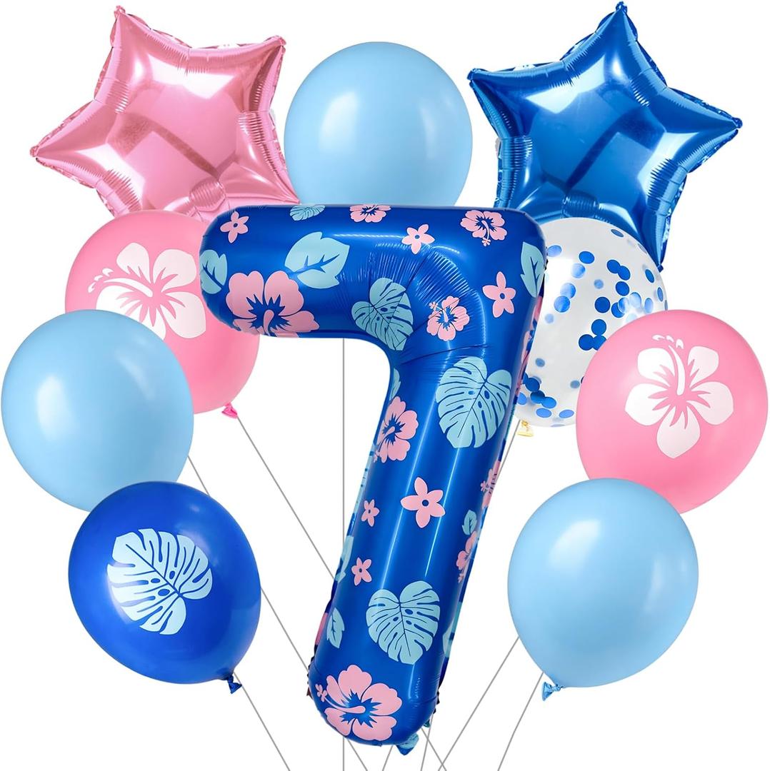 Minyu Tropical Floral Number large Balloon - 10-pack, includes hibiscus and palm leaves, pink and blue star foil, and sequined balloons, perfect for birthday party decorations. (Number 7), 30 inches x 40 inches x 10 inches