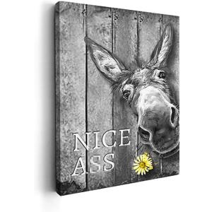 Kasluolo Donkey Bathroom Decor Wall Art Nice Funny Donkey Picture Wall Decor Farmhouse Black and White Painting Wall Dcor for Bathroom Toilet Framed Artwork 12x16 inch (16L" x 12W")
